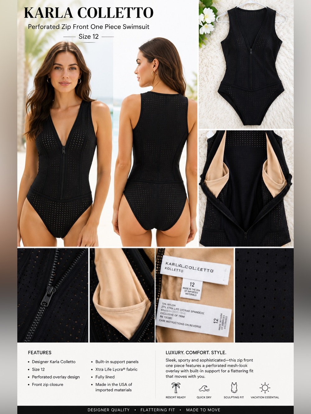 Karla Colletto Black Perforated Zip Front One Piece Swimsuit Size 12